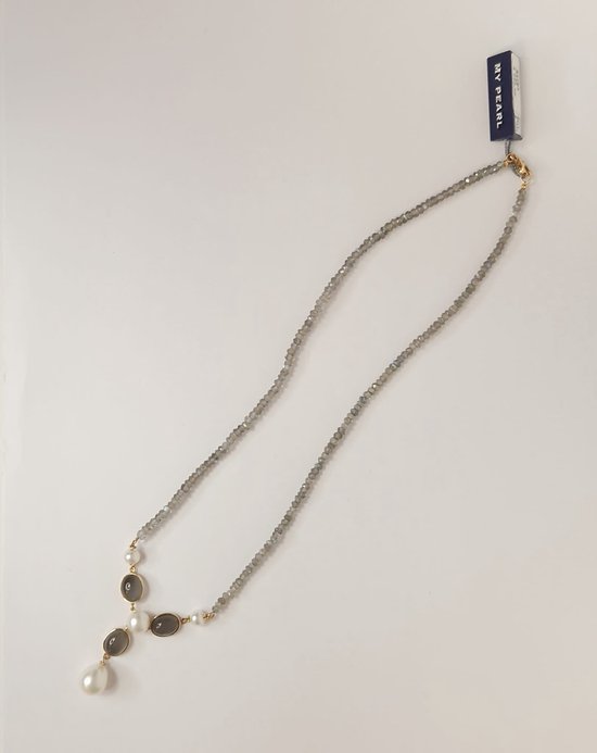Parels – labradoriet - maansteen - collier – 18karaat geelgoud – uitverkoop Juwelier Verlinden St. Hubert - van €595,= voor €490,=