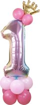Prinsessen Thema Party Decoratie - 1 Jaar - Leeftijdballon - Feestversiering / Verjaardag Versiering - Prinses Feestje - Kinderfeestje - Regenboog / Roze - Prinsessenkroontje Ballon - Prinsessen Ballon - Feestpakket - Prinsessen Verjaardag