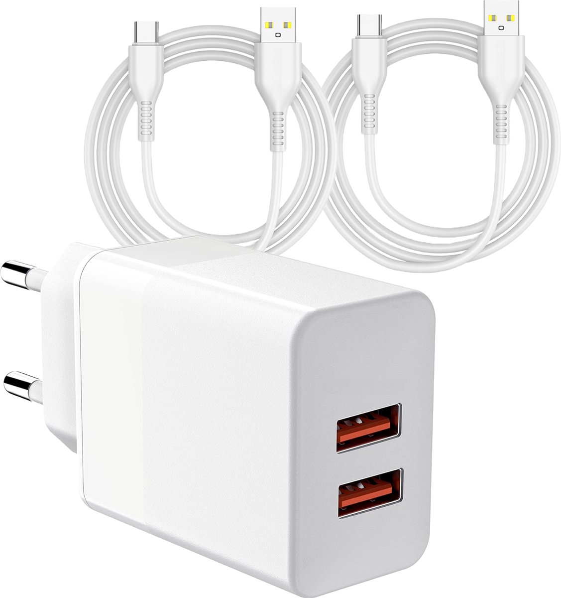 2.4A USB Lader met 2x USB C Kabels - 1 Meter - 12W - Oplader voor o.a A54, A25, A24, A23, A53