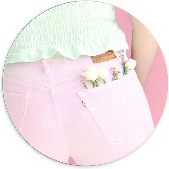 PVC Schuimplaat Muurcirkel - Setje Bloemen in Broekzak van Roze Jeans - 70x70 cm Foto op Muurcirkel (met ophangsysteem)