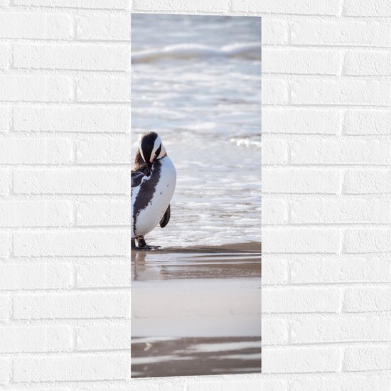 Muursticker - Pinguïn met open Vleugel bij het Strand - 30x90 cm Foto op Muursticker