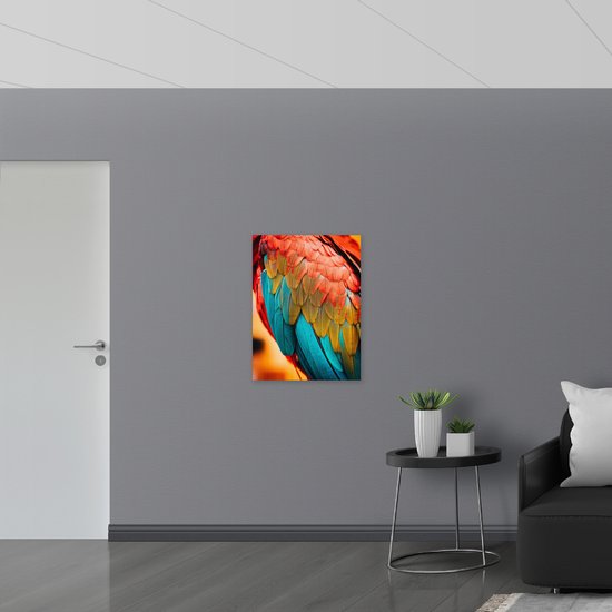 Acrylglas - Close-up van Rood met Blauwe Papegaaienveren - 60x80 cm Foto op Acrylglas (Wanddecoratie op Acrylaat)