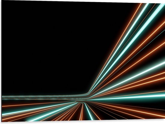 Dibond - Groene en Oranje Kleurige Neon Strepen op Zwartkleurige Achtergrond - 80x60 cm Foto op Aluminium (Wanddecoratie van metaal)