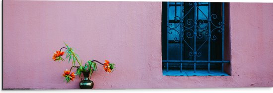 Dibond - Vaasje met Bloemen op Muur van Roze Woning - 90x30 cm Foto op Aluminium (Wanddecoratie van metaal)
