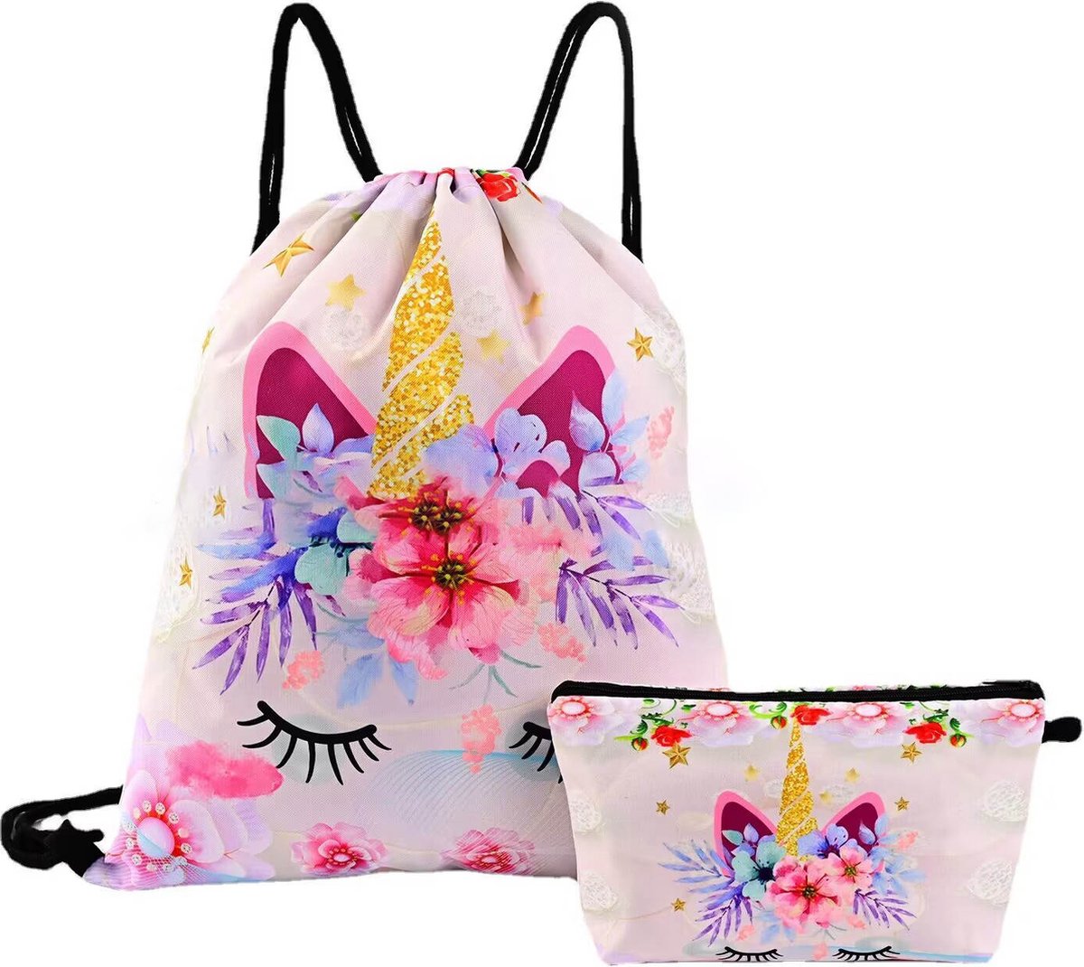 Unicorn Gymtas + Etui Set - Sporttas met Rijgkoord - Paars Roze met Bloemen - Voor Meisjes 4-12 Jaar