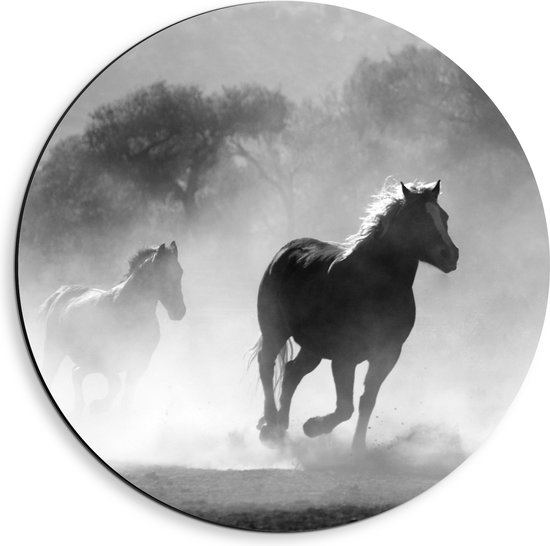 WallClassics - Dibond Muurcirkel - Galoperende Paarden bij het Bos (Zwart-wit) - 40x40 cm Foto op Aluminium Muurcirkel (met ophangsysteem)