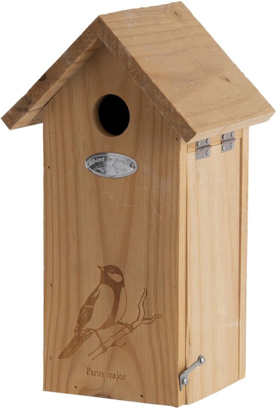 Houten vogelhuisje/nesthuisje koolmees met silhouet 30 cm met kijkluik - Vurenhouten vogelhuisjes tuindecoraties