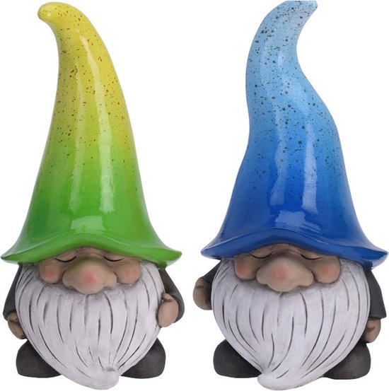 Tuinkabouters - 2x - polystone - 23 cm - gnooms met blauwe en groene muts - Tuinbeelden - Tuindecoratie kabouters