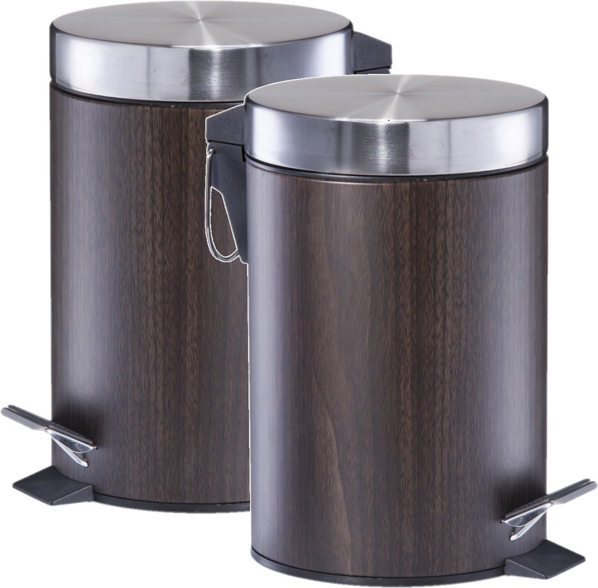 Zeller kleine pedaalemmer - 2x - badkamer/toilet - 3 liter - houtprint - donkerbruin/zilver - 17 x 26 cm