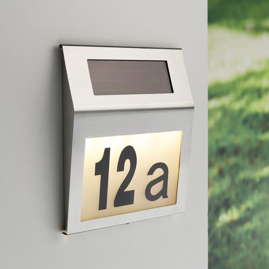 Gepersonaliseerd rond zonnehuisbord, huisnummer met zonne-licht, lasergesneden deurnaamplaquette, LED moderne deurnummerplaat (25 x 25 cm, grijs en wit