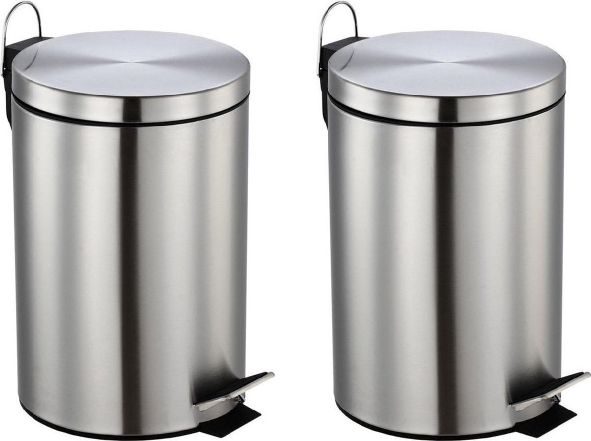 Goedkoopste Set van 2x stuks RVS vuilnisbakken/pedaalemmers 12 liter 40 cm - Afvalemmers soft close kantoor/keuken