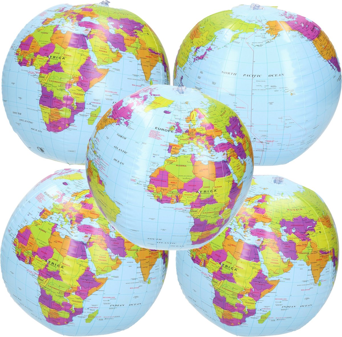 5x Opblaasbare speelgoed strandballen wereldbol 27 cm - Strandballen - Buiten speelgoed - Strand speelgoed