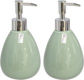 Set de 2x distributeurs de savon / distributeurs de savon céramique verte 8 cm - Porte-savon rechargeable - Accessoires Toilettes/ salle de bain