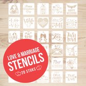 Love & Marriage - Stencils voor creatievelingen | 30 stuks | Mini stencils | 7.5x7.5cm | PET Plastic | Herbruikbaar | Eenvoudig schoon te maken