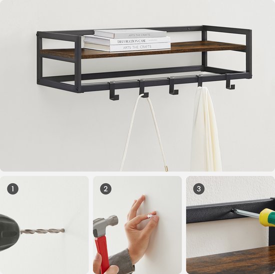 Zwarte metalen wandkapstok met bruine houten plank en 6 haken, met installatie-instructies.