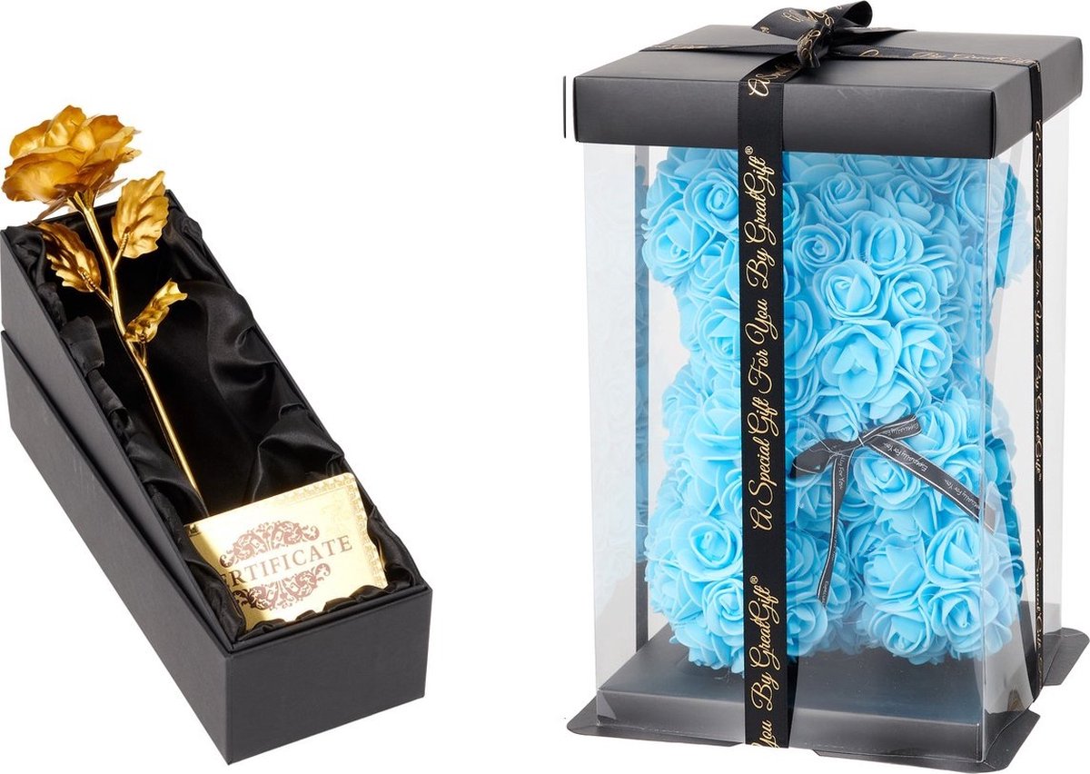 GreatGift® - Gouden Roos met Blauwe Rozen Beer - Bloemen - Verjaardagscadeau -Moederdag - Valentijn - Liefde - Goud - Cadeau voor vrouw