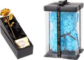 GreatGift® - Rose d'or avec ours de roses bleues - Fleurs - Cadeau d'anniversaire - Fête des mères - Saint Valentin - Amour - Or - Cadeau pour femme