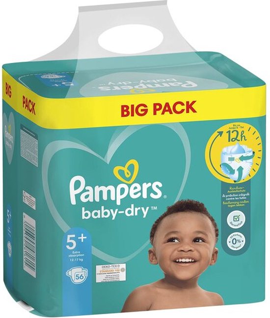 Pampers Baby Dry + maat 5+ ( 12-17 kg), 56 stuks | bol.com