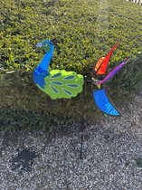 Windmolen met pauw - bloem meerkleurig - nylon + kunststof steker- dia 50 cm x hoogte 75 cm - Tuinaccessoires - Tuinstekers