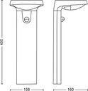Technische tekening van een antracietkleurige sokkellamp met afmetingen: hoogte 400mm, breedte 158mm, diepte 160mm.