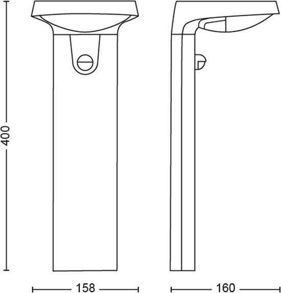 Technische tekening van een donkere sokkellamp met afmetingen.