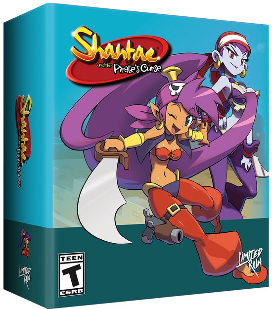 Doos met Shantae en de Pirate's Curse game. Shantae in gele top en rode broek met sabel, Risky Boots erachter.