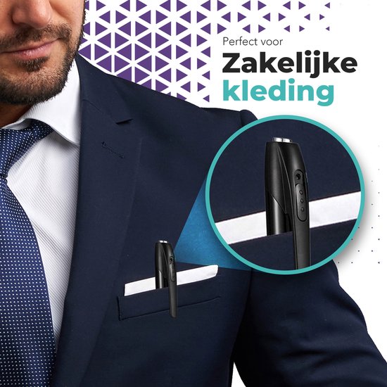 Man in donkerblauw pak met stropdas, zwarte pen met camera in borstzak. Tekst: 'Perfect voor Zakelijke kleding'.