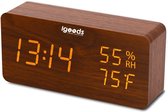 Igoods Digitale LED - wekker met houten design - Tijd / Temperatuur / Datum / Wekker - Geactiveerd door aanraking of geluid - met USB-kabel - Bruin