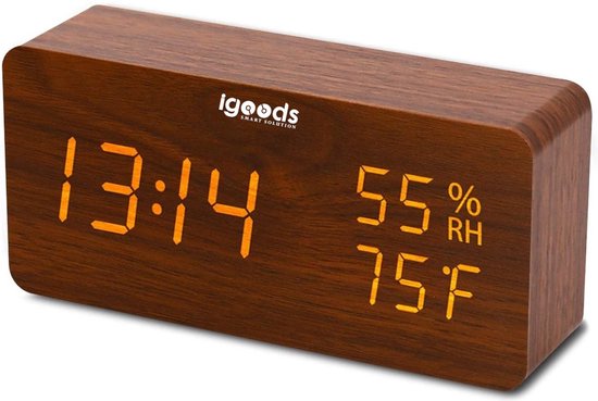 IGOOD - LED numérique - réveil avec design en bois - Heure / Température / Date / Wekker - Activé par le toucher ou le son - avec câble USB - Marron