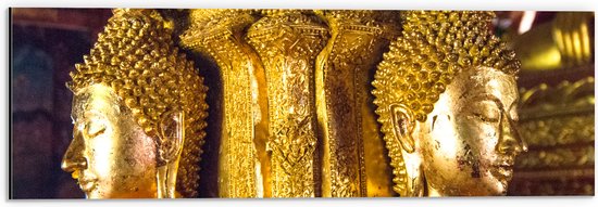 Dibond - Pilaar met Gouden Boeddha's en Details - 60x20 cm Foto op Aluminium (Wanddecoratie van metaal)