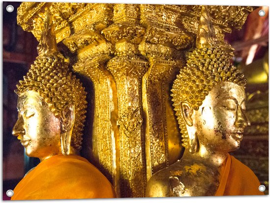 Tuinposter – Pilaar met Gouden Boeddha's en Details - 80x60 cm Foto op Tuinposter (wanddecoratie voor buiten en binnen)