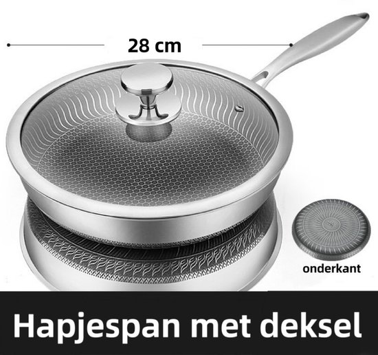 Hapjespan met deksel - Pan - Ø28cm - RVS - Inclusief glazen deksel