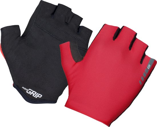 Paar GripGrab vingerloze fietshandschoenen: een zwarte en een felrode, beide met "INSIDE GRIP" logo.