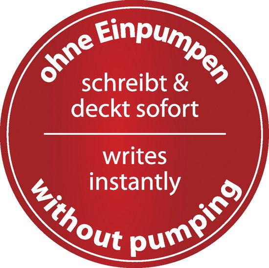 Rode cirkel met tekst 'Ohne Einpumpen schreibt & deckt sofort' en 'writes instantly without pumping'.