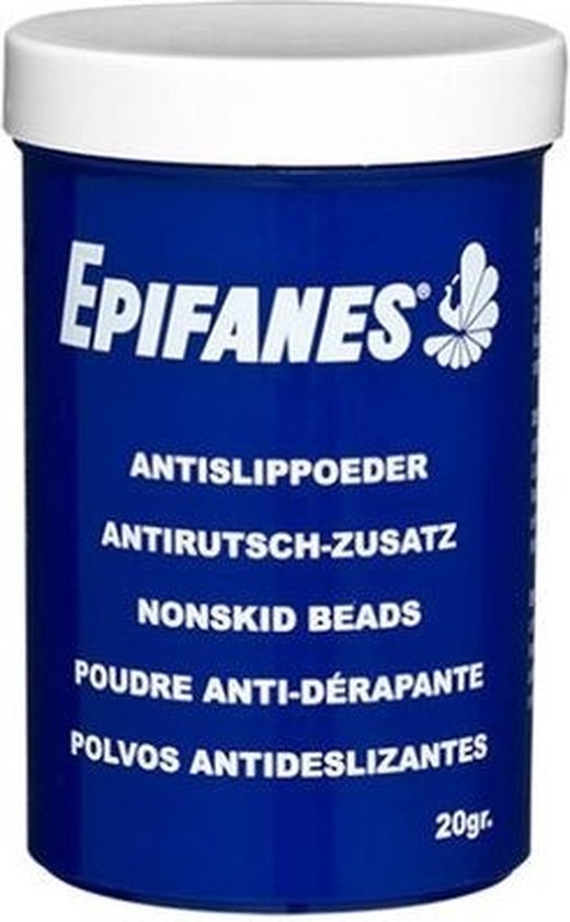 Blauwe pot met witte deksel, met het Epifanes logo en de tekst 'ANTISLIPPOEDER' in witte letters.