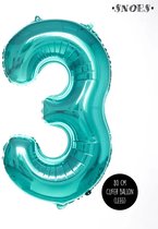 Cijfer Helium Folie Ballon - 3 jaar cijfer - Turquoise - Turkoois - 80 cm - leeftijd 3 jaar feestartikelen verjaardag