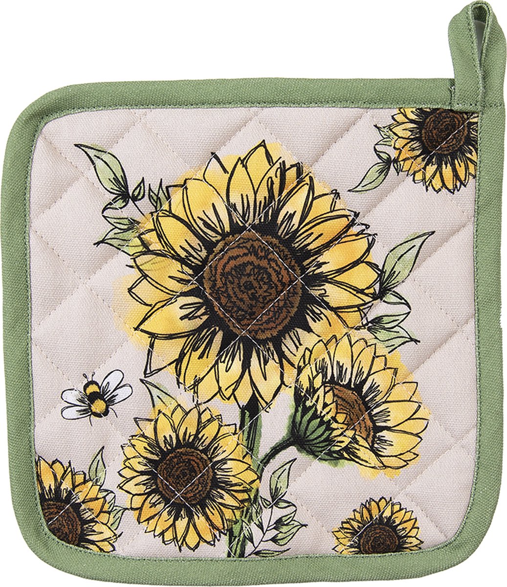 Clayre & Eef Pannenlap 20x20 cm Beige Geel Katoen Zonnebloemen Afgiet Pannenlap