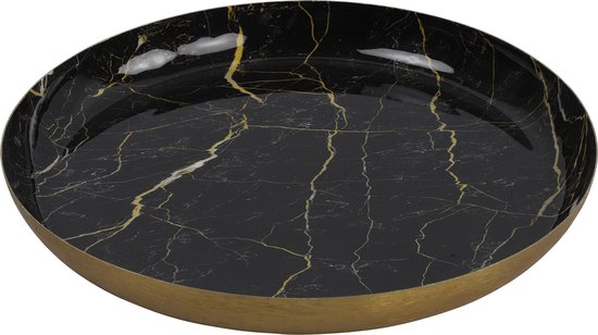 Countryfield kaarsenbord/plateau - Marble look - Metaal - zwart/goud - D26 x 3 cm