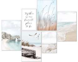 artpin® Moderne posterset - foto's woonkamer decoratie slaapkamer - pampas gras beige zee strand fotowand zonder lijst (4x A4 | 2x A5) W12