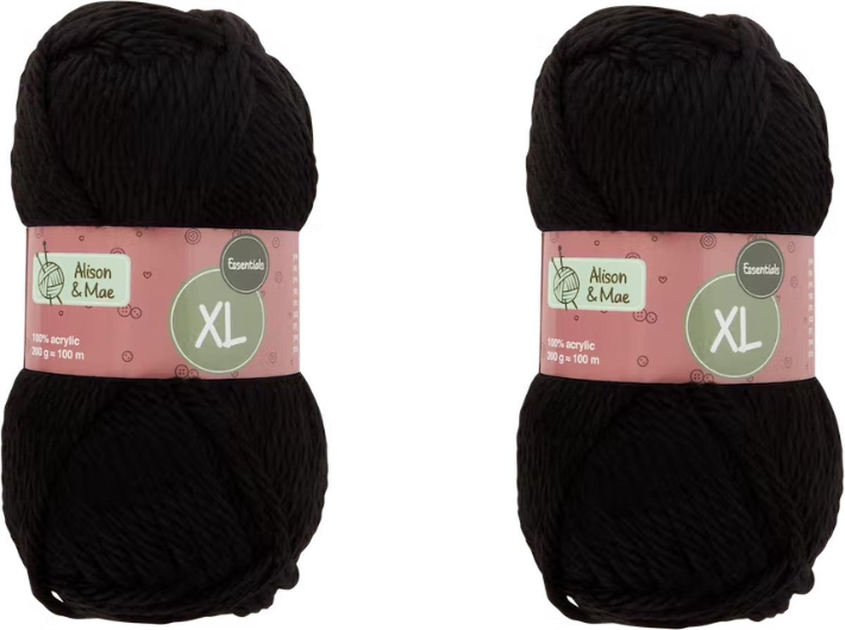 Laine à tricoter Alison & Mae, Noir, 2 ampoules, 4 - 5 mm d'épaisseur, 100%
