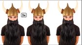 3x Baard met snor 35 cm steil haar zwart - Viking stoer festival thema feest party