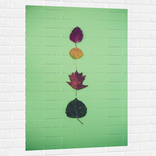 Muursticker - Verschillende Soorten en Kleuren Bladeren op Groene Achtergrond - 80x120 cm Foto op Muursticker