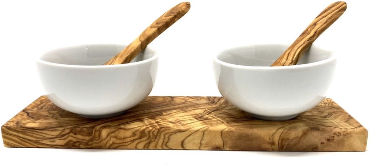 5 delig set schaaltjes dipschaal tapasschaal olijfhout porselein met lepel hout serveerschaal