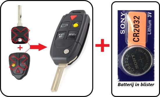 5 knoppen klapsleutel ombouwset + Batterij CR2032 geschikt voor Volvo sleutel / Volvo C30 / Volvo S40 / Volvo V70 / Volvo XC90