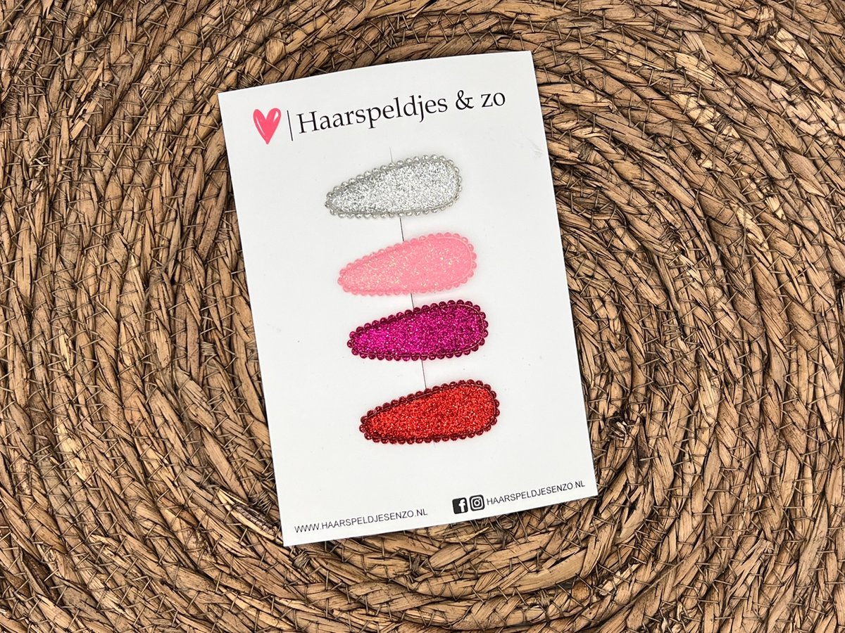 Haarspeldjes Saar - kerstcollectie - glitters - klikklakspeldje - zilver, roze, roze en rood - speldjes van 4 cm