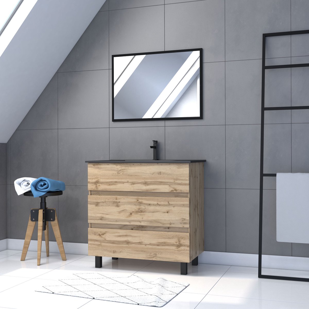 Meuble salle de bains 80cm décor chene naturel 3 tiroirs - Vasque noire et Miroir - TIMBER