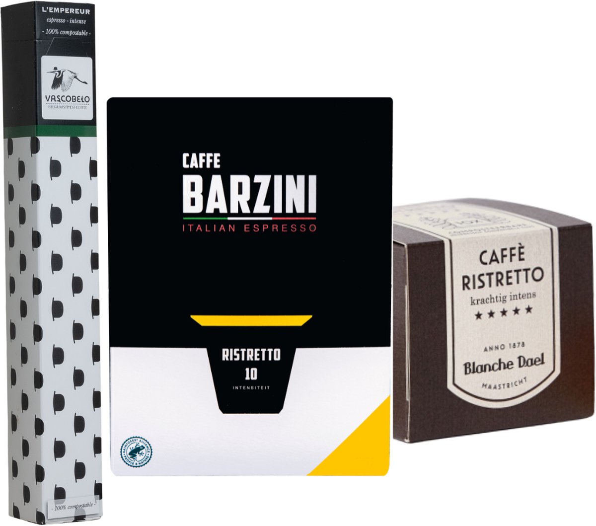 Koffiecups proefpakket Ristretto | 100 Cups, Barzini, Vascobelo & Blanche Dael koffie cups geschikt voor Nespresso apparaten
