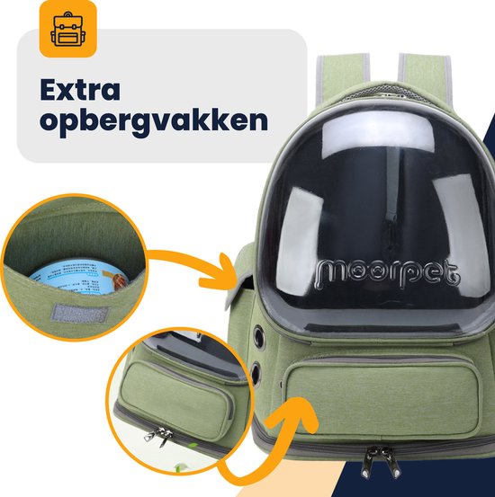 Sac à dos vert pour chat avec dôme transparent et poches de rangement supplémentaires, dont une zippée.