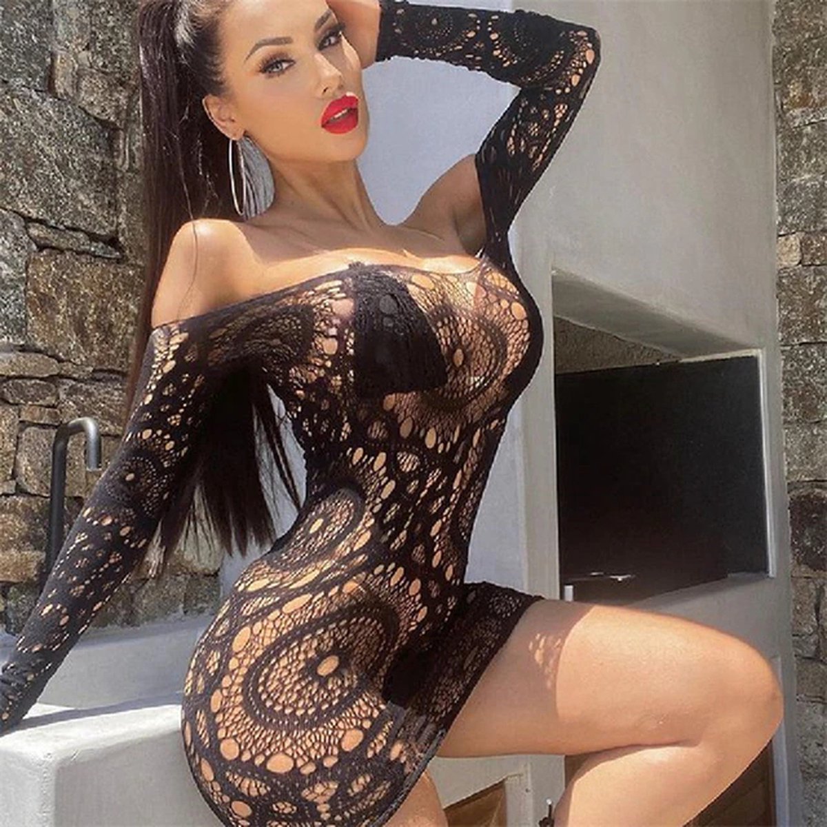 Bodystocking-zwart-Sexy-Erotisch-Jurk-Doorschijnend-Mouwen-Bodywear