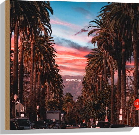 Hout - Los Angeles Hollywood met Palmbomen - 50x50 cm - 9 mm dik - Foto op Hout (Met Ophangsysteem)